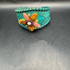 Vintage Teal Faux Leather & Beaded Faux Pearl Flower Boho Chic Cuff Bracelet